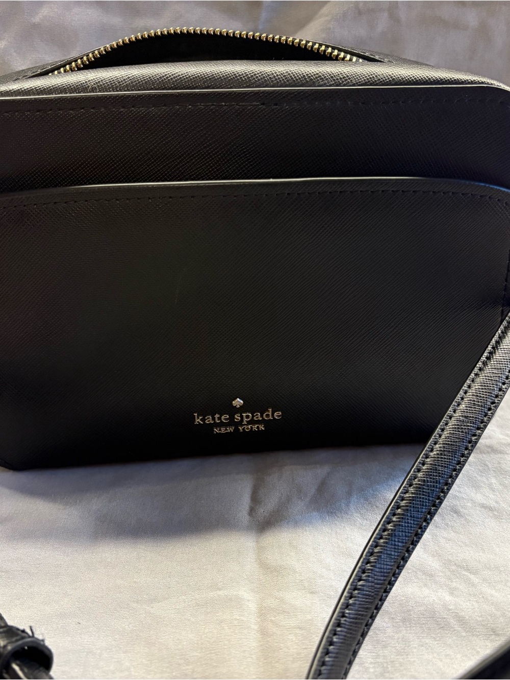 kate spade black leather crossbody with gold logo